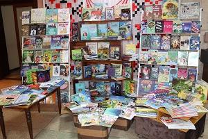 Shelf of books donated to Ukraine library 